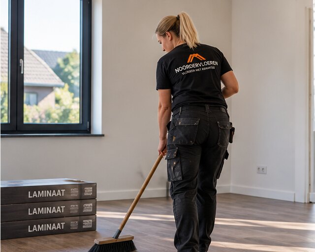 Medewerkster van Noordervloeren veegt de nieuw gelegde vloer schoon