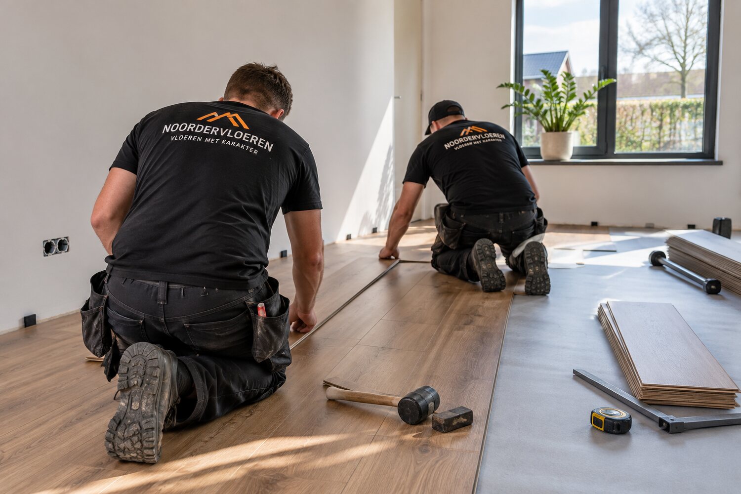 Twee medewerkers leggen laminaat in een lichte woonkamer