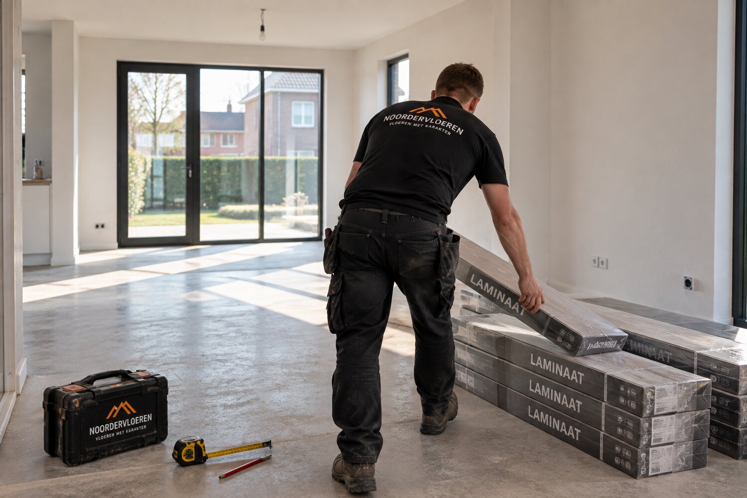 Medewerker van Noordervloeren pakt een nieuw pakket laminaat in een lege woonkamer
