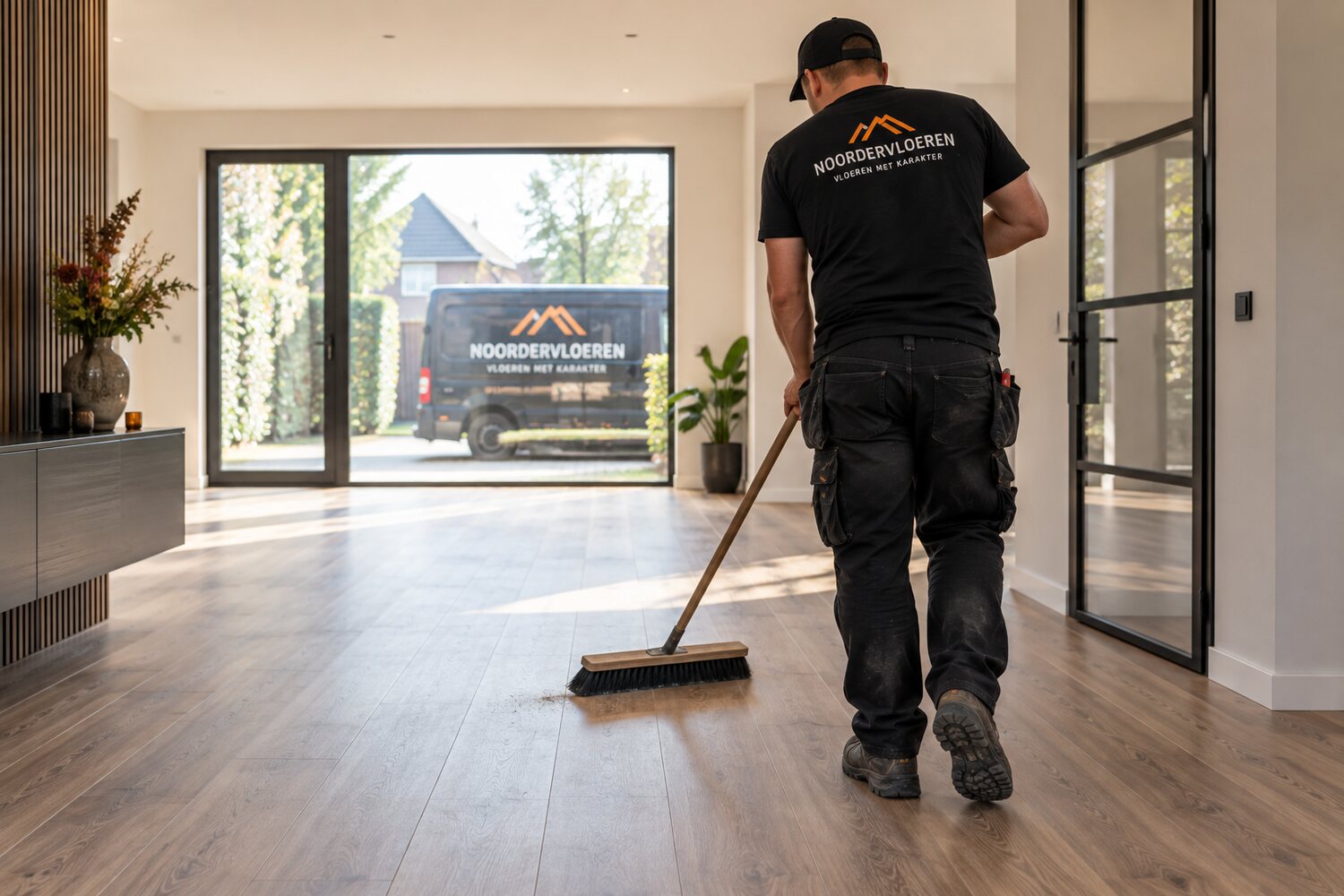 Medewerker veegt een nieuw gelegde vloer schoon voor de oplevering